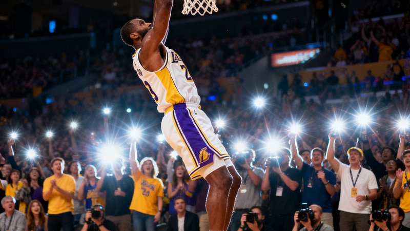 NBA赛场上一名球员完成暴扣后单手挂在篮筐上，背景是欢呼的观众和闪烁的相机闪光灯